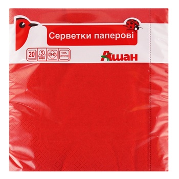 Салфетки Auchan бумажные трехслойные красные 33x33см 20шт - купить, цены на Auchan - фото 1